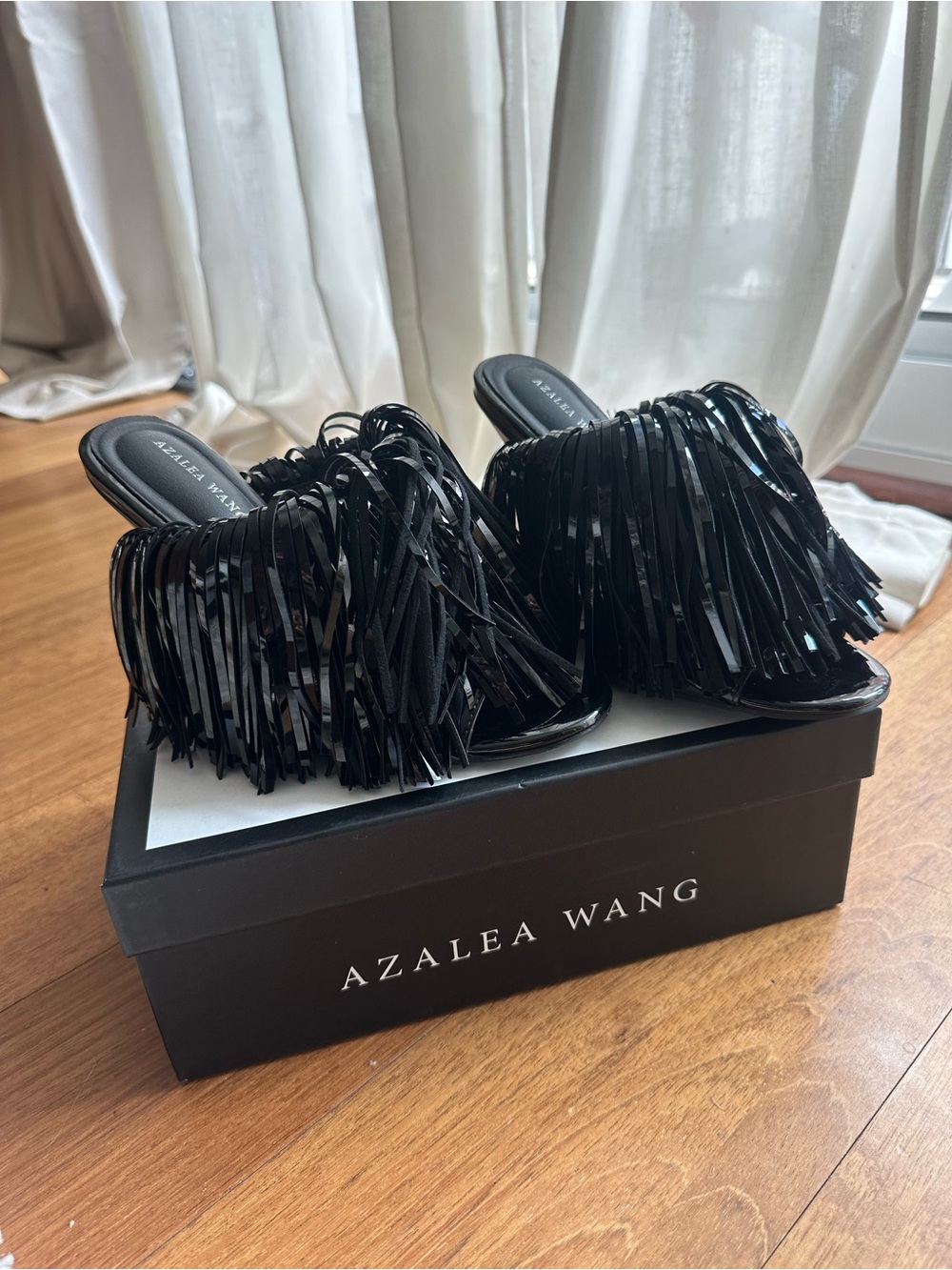 Azalea Wang Black Fringe Slide Heels with Glossy Tassels
